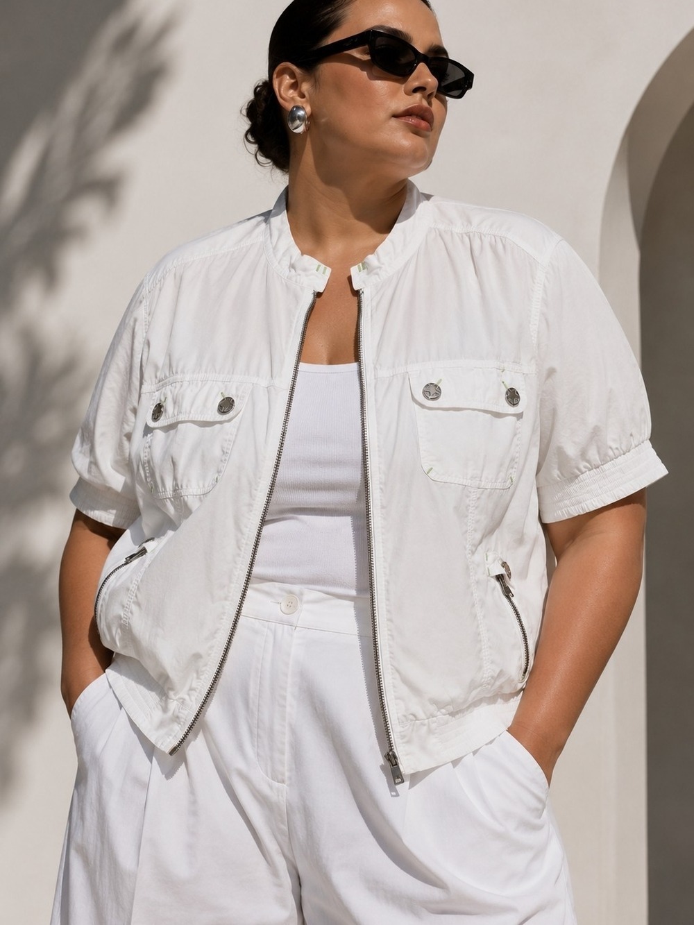 MXM White Utility Jacket Size 16 Short Sleeve Zip Front Cargo Minimalist Y2K